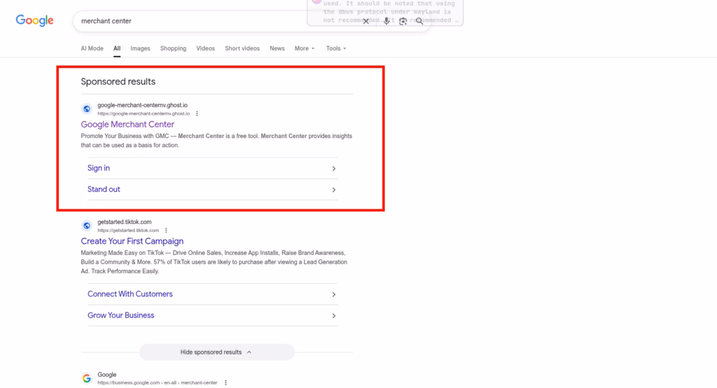 Phishing Scam on Google Ads