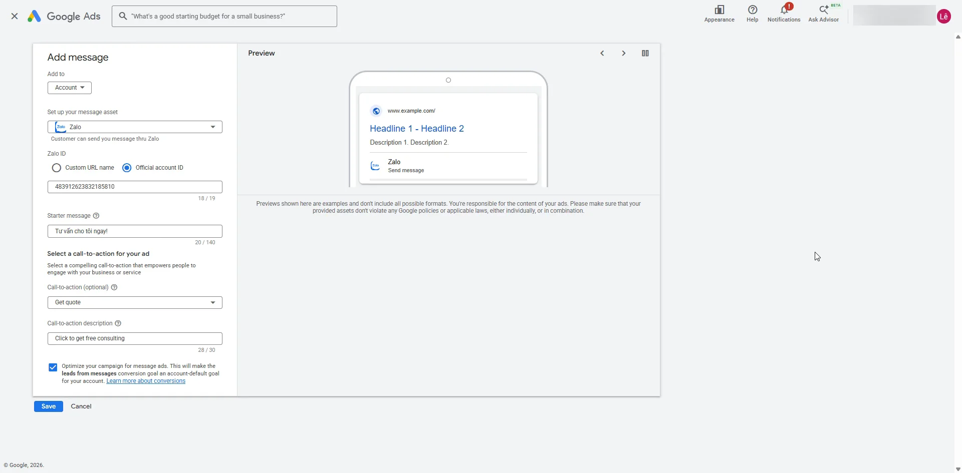 Giao diện thiết lập Quảng cáo Tin nhắn với Zalo trong Google Ads